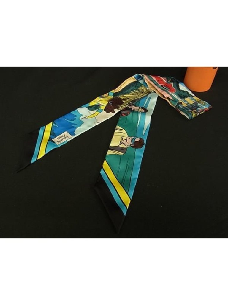 Hermes Wow Twilly Silk 100% American Comic Pattern Ribbon Scarf Blue Multicolor